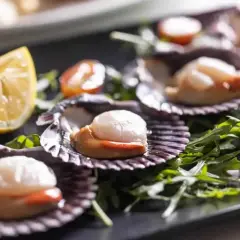 Wykwintne przegrzebki na talerzu, jak w najlepszej restauracji francuskiej. Podane z rukolą, pomidorkami i cytryną.