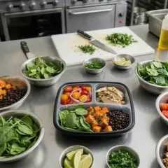 Świeże składniki na stole, jak w bistro prosto z targu: szpinak, bataty, fasola, pomidorki, kurczak i limonka.