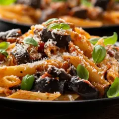 Penne z bakłażanem i pomidorami, posypane parmezanem i udekorowane bazylią. Pyszne pane e pomodoro.