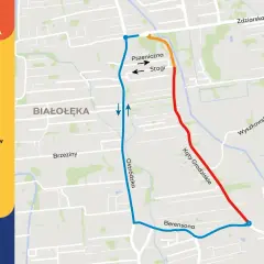 Mapa objazdów w Warszawie. Czerwony odcinek drogi biegnie przez Kąty Grodziskie.