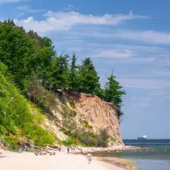 Plaża nad Bałtykiem z klifem porośniętym drzewami. W oddali widać statek na morzu.