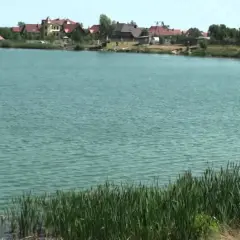 Spalona jezioro z domami na brzegu i trzcinami.