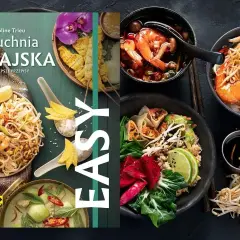 Książka "Kuchnia Tajska. Najlepsze przepisy" z apetycznymi daniami: pad thai, zupa z krewetkami, curry.