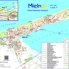Mapa Mielna i okolic, prezentująca atrakcje turystyczne, plaże, szlaki rowerowe i piesze, idealna do planowania wycieczek.
