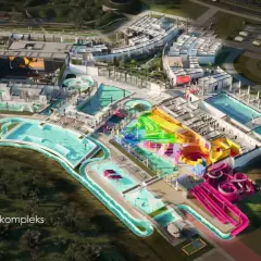 Wizualizacja aquaparku Rzeszów: kolorowe zjeżdżalnie, baseny i leniwa rzeka w nowoczesnym, wielofunkcyjnym kompleksie.