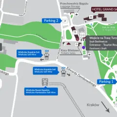 Mapa turystyczna miasta Wieliczka: trasy kopalni, parkingi, uzdrowisko, hotel, punkty sprzedaży biletów.