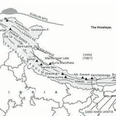 Mapa pokazuje, gdzie są Himalaje, z zaznaczonymi pasmami górskimi jak Karakoram, Ladakh, Zaskar, Kailash i Shivalik, oraz szczytami jak Everest.