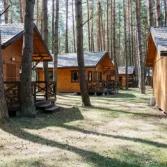Drewniane domki letniskowe w lesie, idealne na wypoczynek nad jeziorem. Roś.