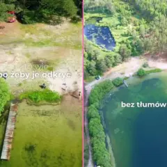 Kaszubskie jeziora: po lewej plaża z pomostem i kilkoma osobami, po prawej spokojna tafla wody otoczona lasem, bez tłumów.