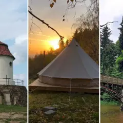 Romantyczne miejsca Dolny Śląsk: kapliczka na wzgórzu, namiot glampingowy o zachodzie słońca, zabytkowy most nad rzeką.