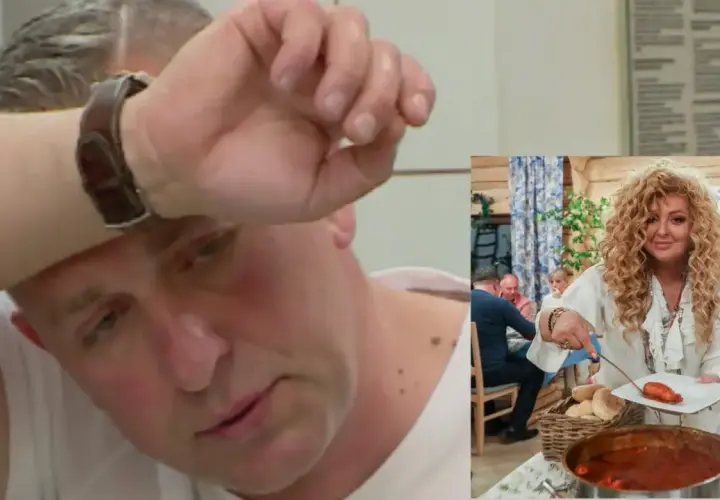 Zmęczony mężczyzna w białej koszulce i Magda Gessler serwująca danie w bistro w kapuście.