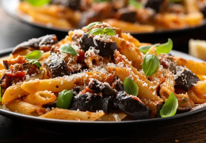 Penne z bakłażanem i pomidorami, posypane parmezanem i udekorowane bazylią. Pyszne pane e pomodoro.