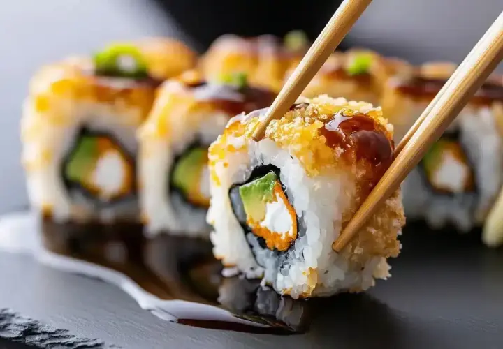 Chrupiące rolki sushi z awokado i łososiem, idealne do sprawdzenia w sushi warszawa ranking. Pałeczki podnoszą jedną z nich.