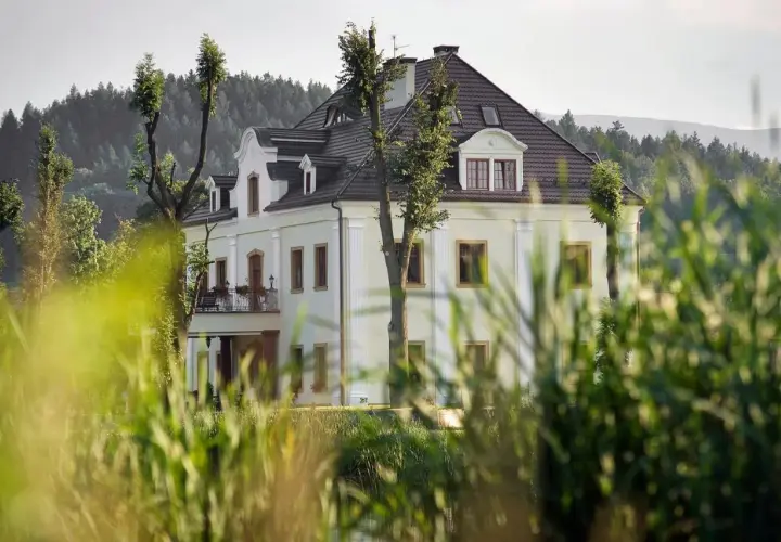 Elegancka restauracja kaczka na wodzie, otoczona zielenią, z widokiem na las i góry.