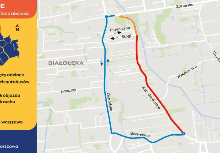Mapa objazdów w Warszawie. Czerwony odcinek drogi biegnie przez Kąty Grodziskie.