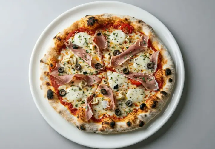 Pizza z szynką parmeńską, mozzarellą, oliwkami i pomidorkami koktajlowymi. Idealna pozycja z savona menu.