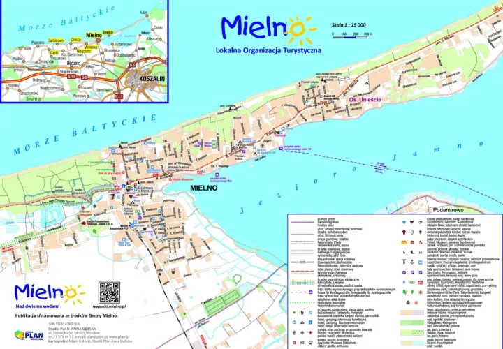 Mapa Mielna i okolic, prezentująca atrakcje turystyczne, plaże, szlaki rowerowe i piesze, idealna do planowania wycieczek.