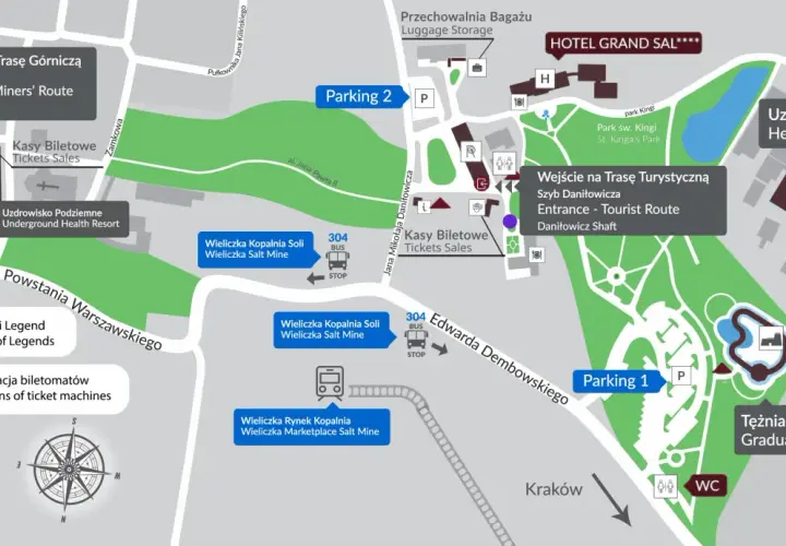 Mapa turystyczna miasta Wieliczka: trasy kopalni, parkingi, uzdrowisko, hotel, punkty sprzedaży biletów.