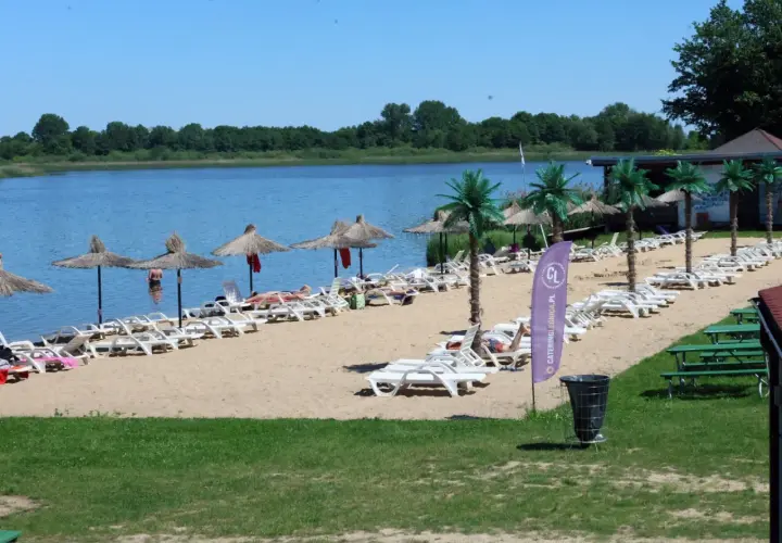 Słoneczny dzień nad jeziorem koło Wrocławia. Piasek, leżaki, parasole i palmy tworzą wakacyjny klimat.