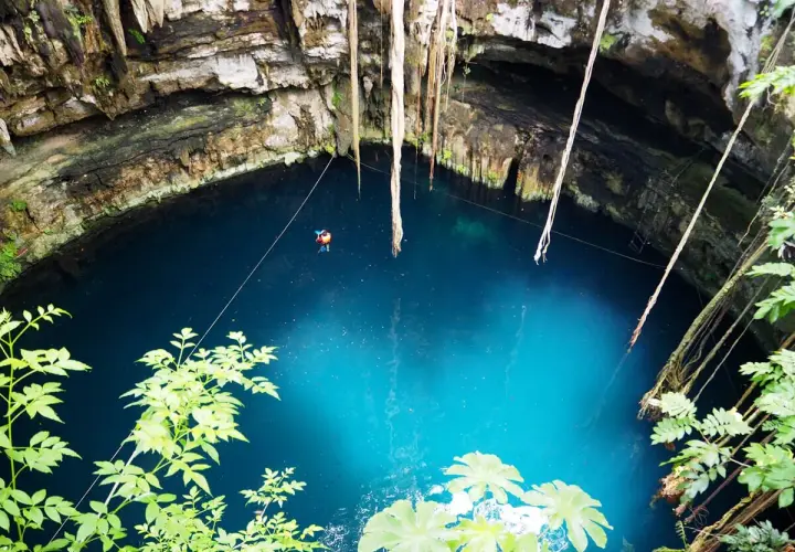 Niesamowity cenote z turkusową wodą, wiszącymi korzeniami i małą postacią pływającą w głębinach.