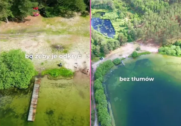 Kaszubskie jeziora: po lewej plaża z pomostem i kilkoma osobami, po prawej spokojna tafla wody otoczona lasem, bez tłumów.