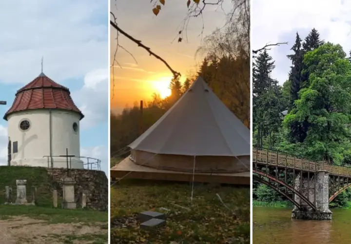 Romantyczne miejsca Dolny Śląsk: kapliczka na wzgórzu, namiot glampingowy o zachodzie słońca, zabytkowy most nad rzeką.