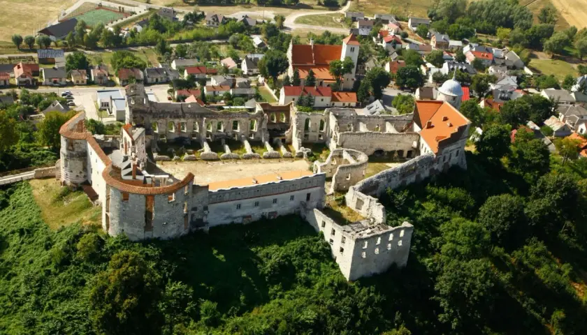 Ruiny zamku w Janowcu nad Wisłą, otoczone zielenią, z widokiem na okoliczną wieś i pola.