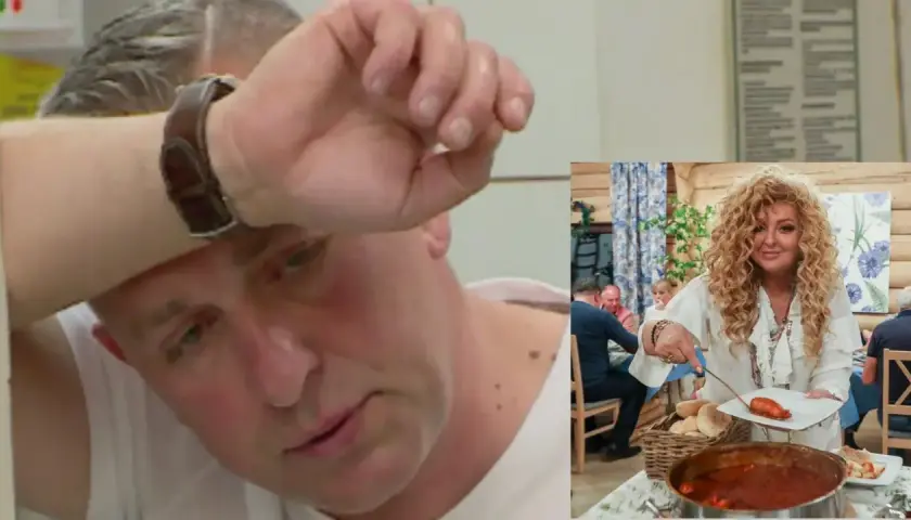 Zmęczony mężczyzna w białej koszulce i Magda Gessler serwująca danie w bistro w kapuście.