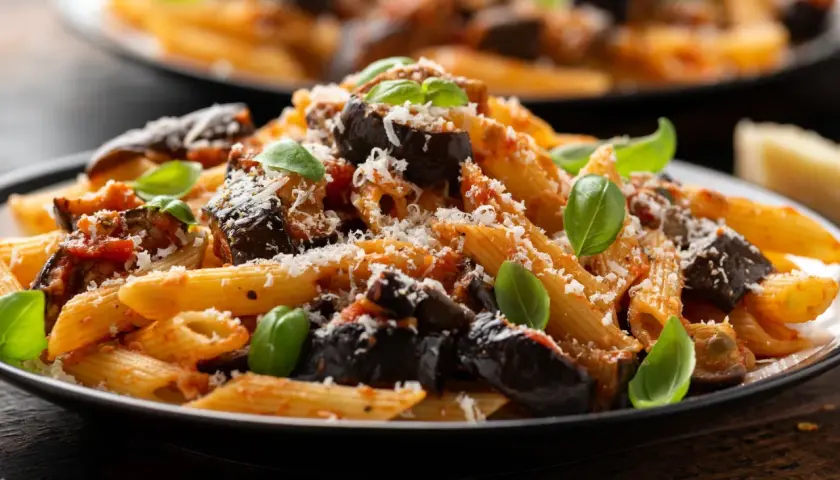 Penne z bakłażanem i pomidorami, posypane parmezanem i udekorowane bazylią. Pyszne pane e pomodoro.