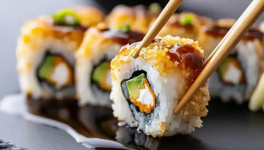 Chrupiące rolki sushi z awokado i łososiem, idealne do sprawdzenia w sushi warszawa ranking. Pałeczki podnoszą jedną z nich.