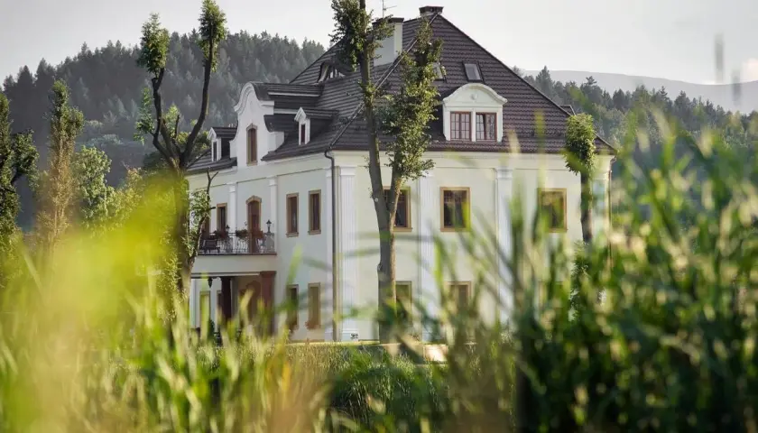 Elegancka restauracja kaczka na wodzie, otoczona zielenią, z widokiem na las i góry.
