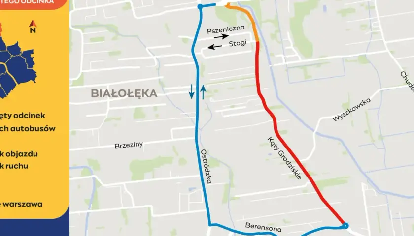 Mapa objazdów w Warszawie. Czerwony odcinek drogi biegnie przez Kąty Grodziskie.