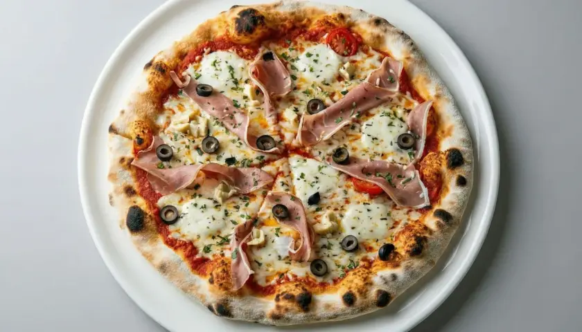 Pizza z szynką parmeńską, mozzarellą, oliwkami i pomidorkami koktajlowymi. Idealna pozycja z savona menu.