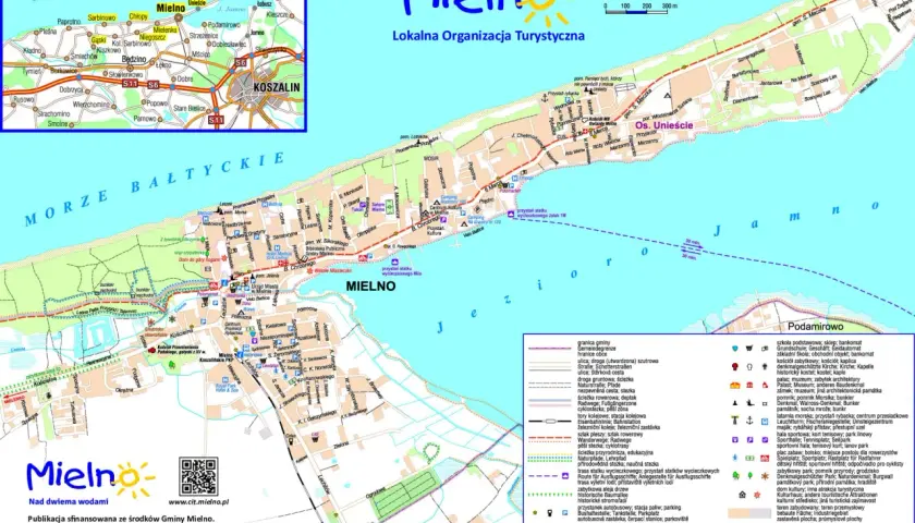 Mapa Mielna i okolic, prezentująca atrakcje turystyczne, plaże, szlaki rowerowe i piesze, idealna do planowania wycieczek.