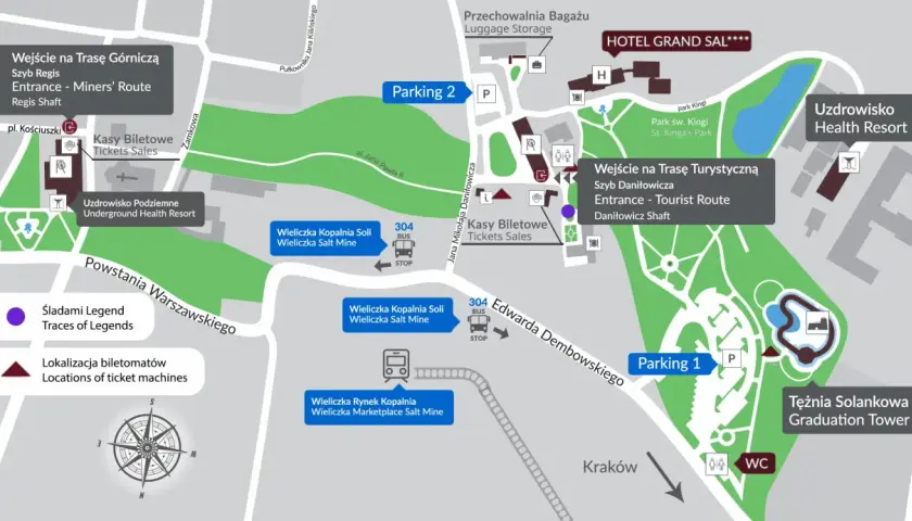 Mapa turystyczna miasta Wieliczka: trasy kopalni, parkingi, uzdrowisko, hotel, punkty sprzedaży biletów.