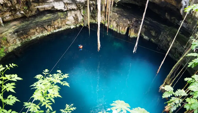 Niesamowity cenote z turkusową wodą, wiszącymi korzeniami i małą postacią pływającą w głębinach.