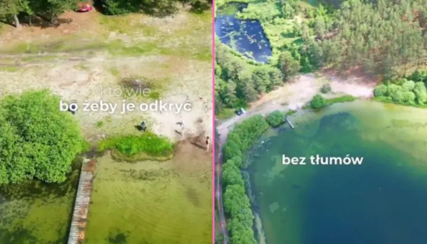 Kaszubskie jeziora: po lewej plaża z pomostem i kilkoma osobami, po prawej spokojna tafla wody otoczona lasem, bez tłumów.