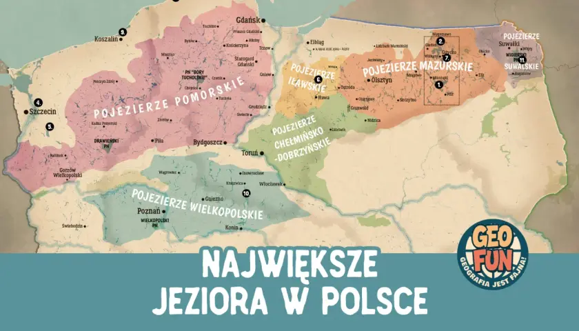 Mapa przedstawia największe **jeziora na południu Polski**, w tym Pojezierze Wielkopolskie, Mazurskie i Pomorskie.