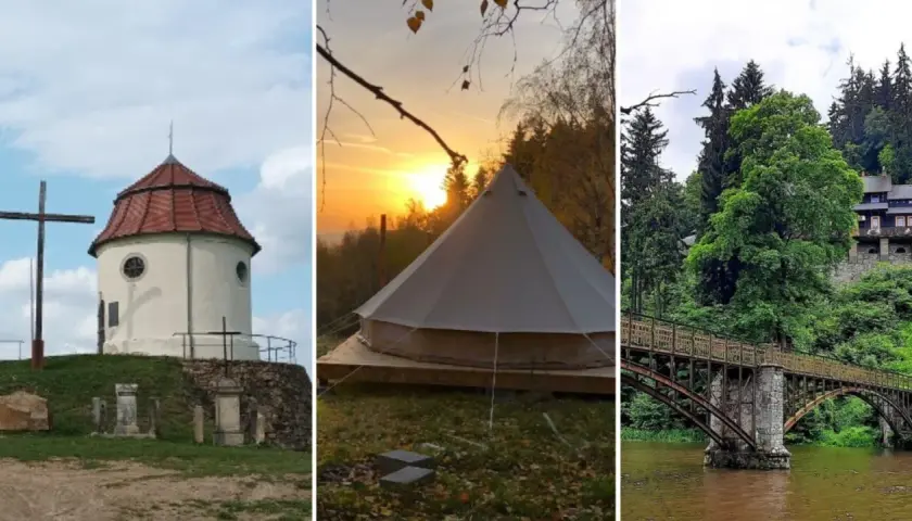 Romantyczne miejsca Dolny Śląsk: kapliczka na wzgórzu, namiot glampingowy o zachodzie słońca, zabytkowy most nad rzeką.