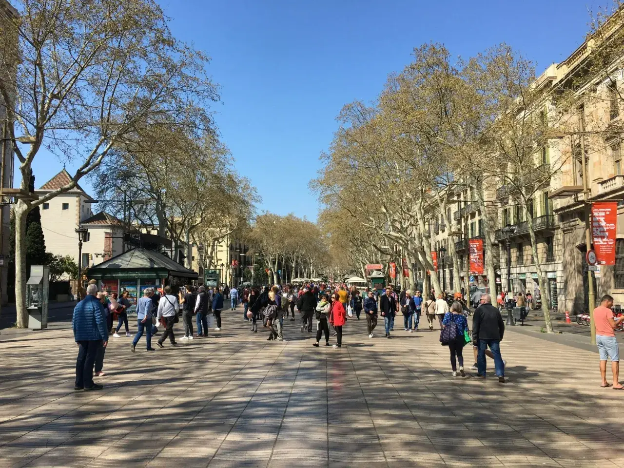 Tłum ludzi spaceruje po La Rambla w Barcelonie, pod cienistymi drzewami i wzdłuż zabytkowych budynków.