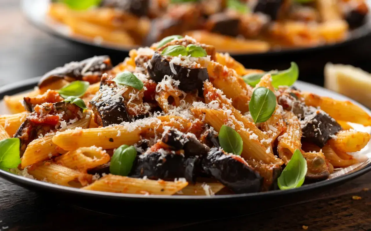 Penne z bakłażanem i pomidorami, posypane parmezanem i udekorowane bazylią. Pyszne pane e pomodoro.