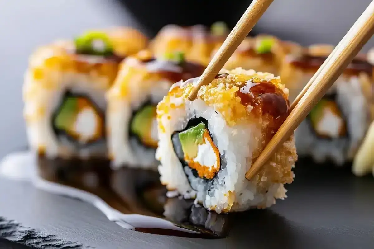 Chrupiące rolki sushi z awokado i łososiem, idealne do sprawdzenia w sushi warszawa ranking. Pałeczki podnoszą jedną z nich.