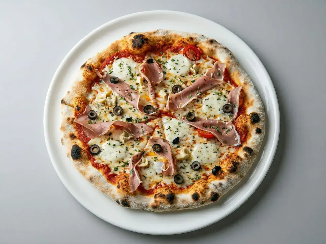 Pizza z szynką parmeńską, mozzarellą, oliwkami i pomidorkami koktajlowymi. Idealna pozycja z savona menu.