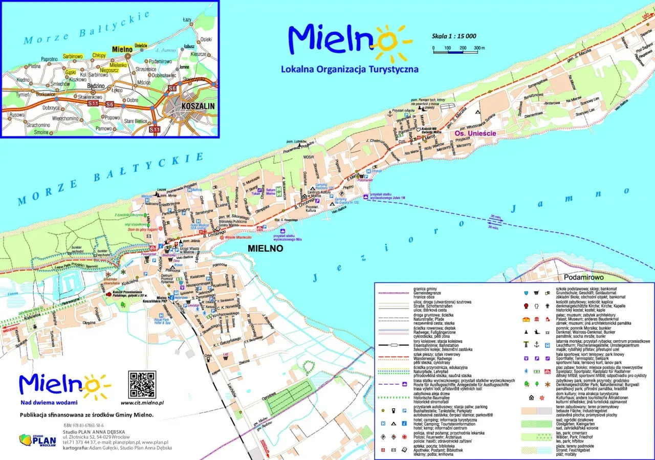 Mapa Mielna i okolic, prezentująca atrakcje turystyczne, plaże, szlaki rowerowe i piesze, idealna do planowania wycieczek.