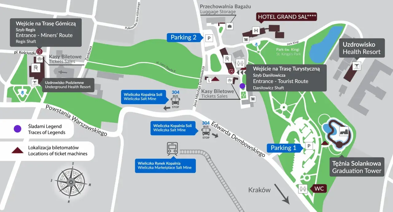 Mapa turystyczna miasta Wieliczka: trasy kopalni, parkingi, uzdrowisko, hotel, punkty sprzedaży biletów.