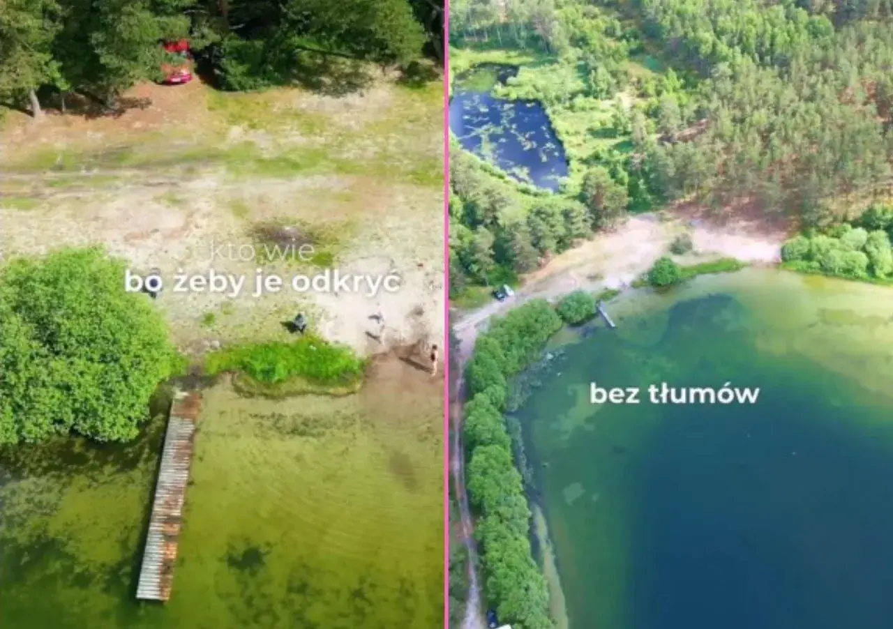 Kaszubskie jeziora: po lewej plaża z pomostem i kilkoma osobami, po prawej spokojna tafla wody otoczona lasem, bez tłumów.