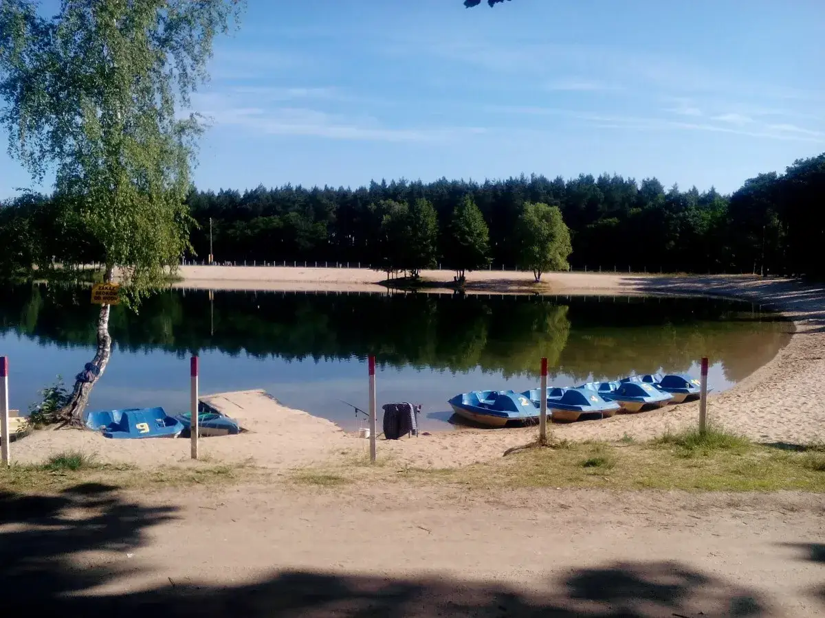 Słoneczny dzień nad jeziorem, gdzie czekają rowerki wodne. W tle las i piaszczysta plaża. Idealne miejsce na wypoczynek nad rokitki jeziorem.