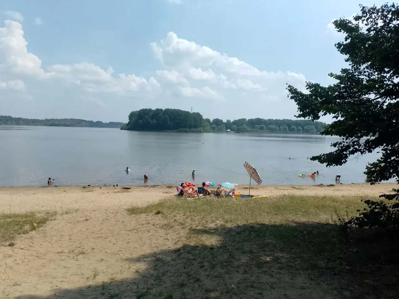 Słoneczny dzień nad zalewem Przeczyce. Ludzie odpoczywają na plaży i kąpią się w wodzie.