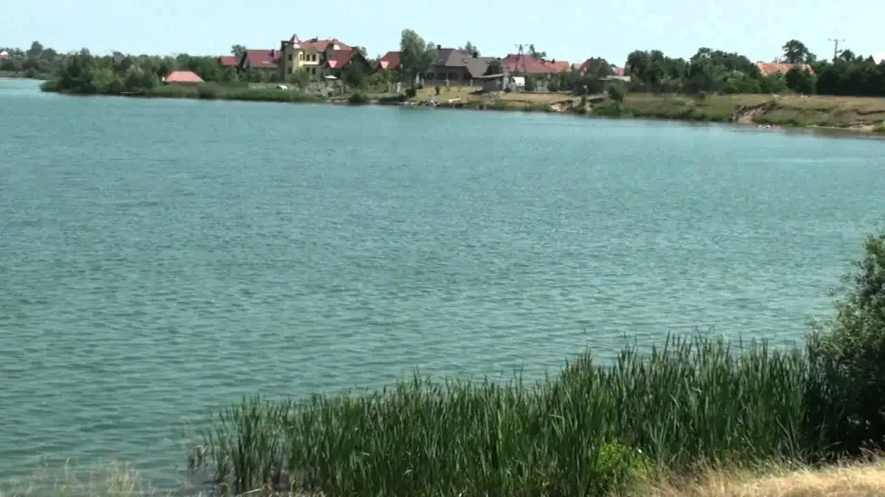 Spalona jezioro z domkami na brzegu i trzcinami.