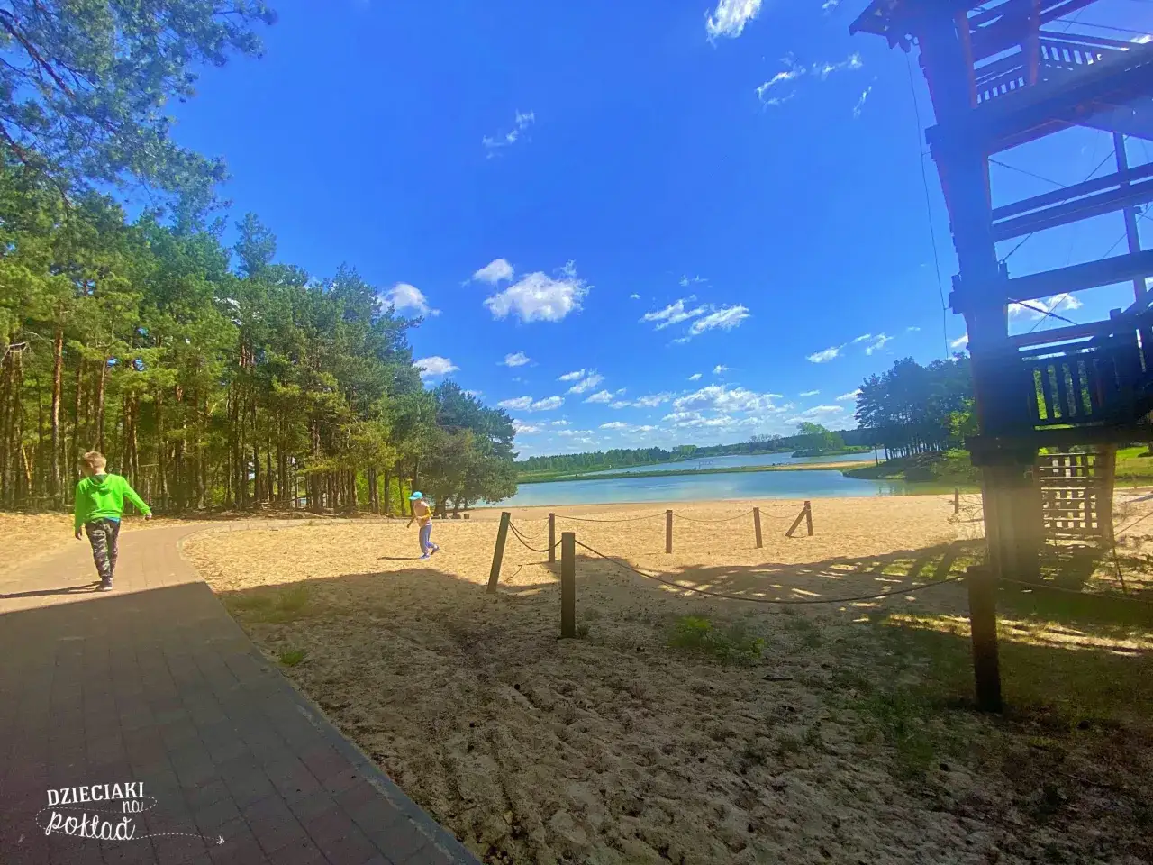 Słoneczny dzień nad zalewem janowskim. Dzieci bawią się na piaszczystej plaży, a w tle widać las i wieżę widokową.